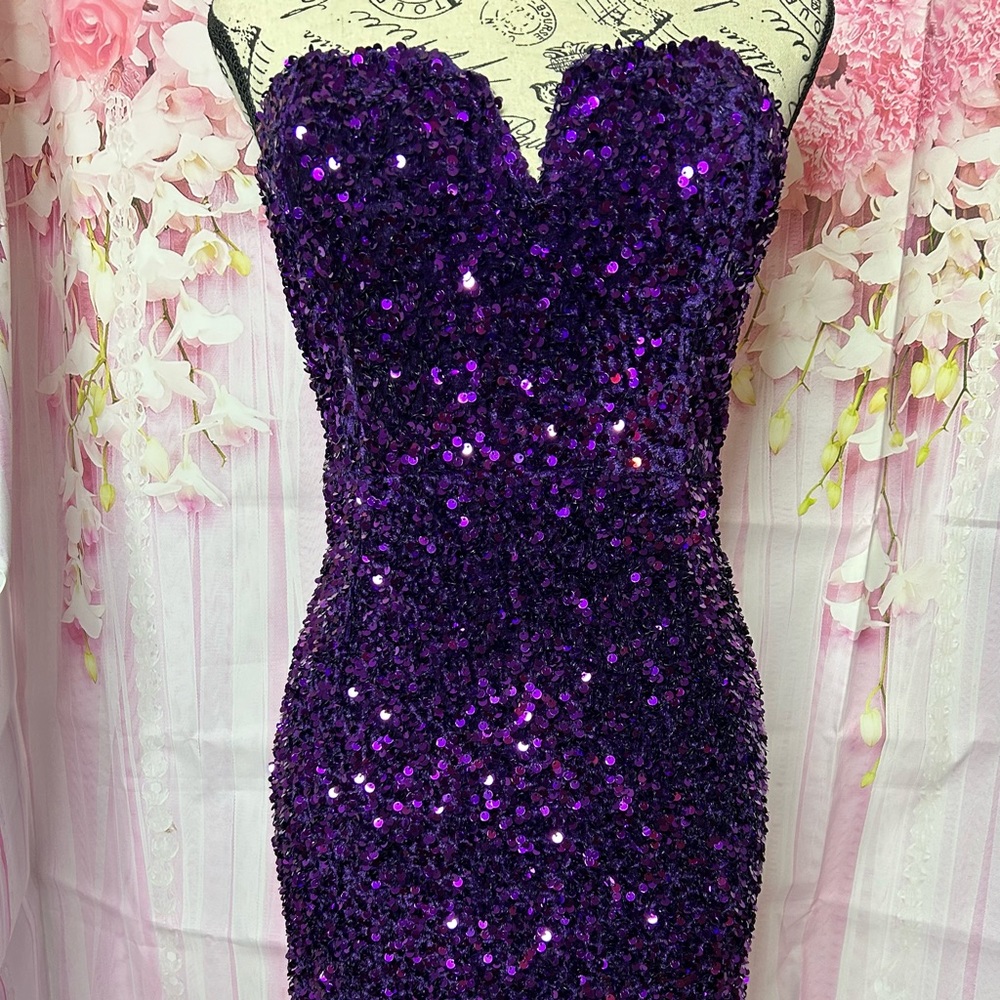 Suzy Shier sequence purple dress